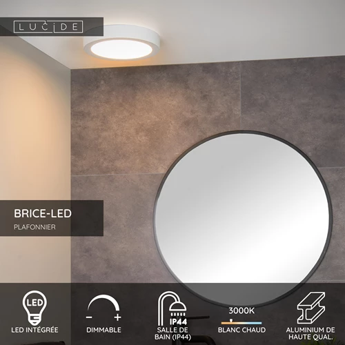 Lucide BRICE-LED - Plafonnier Salle de bains - Ø 24 cm - LED Dim. - 1x15W 3000K - IP44 - Blanc - USP